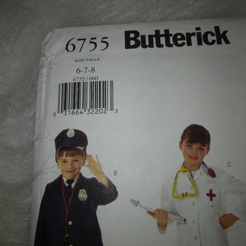 BUTTERICK 6755 Sz 6-8 Kids' costumes Doctor Karate Police  Cowboy/girl
